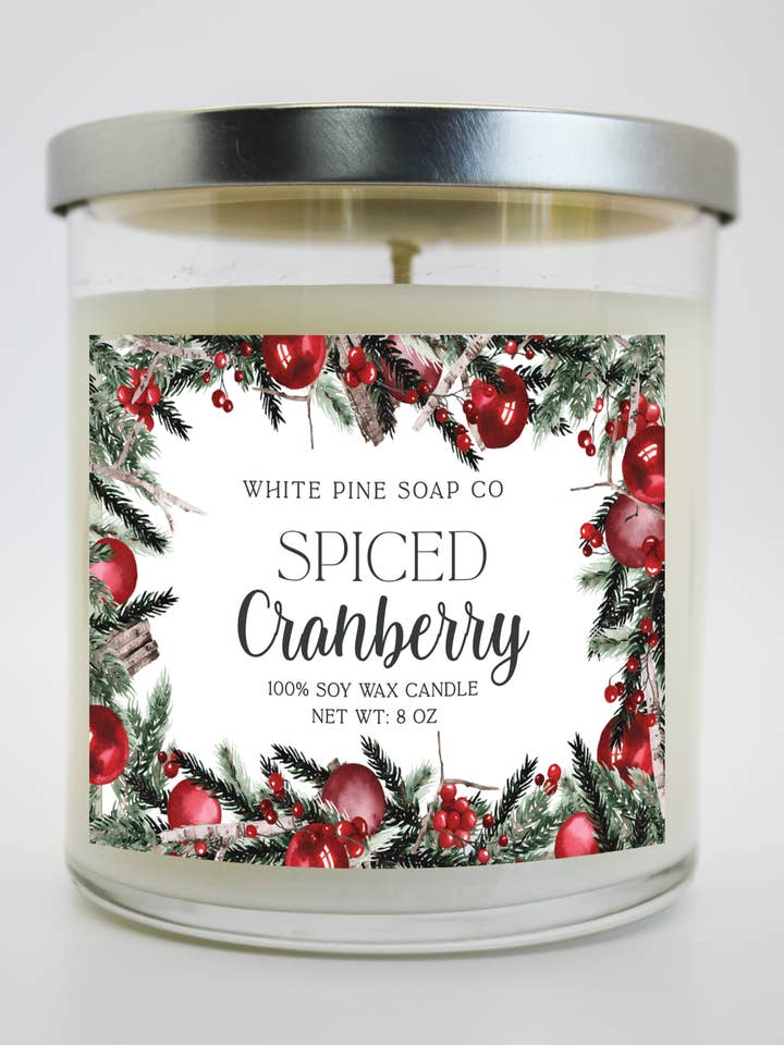 Spiced Cranberry 8 oz Soy Wax Candle | Holiday Christmas Winter Seasonal for wholesale by White Pine Soap Company