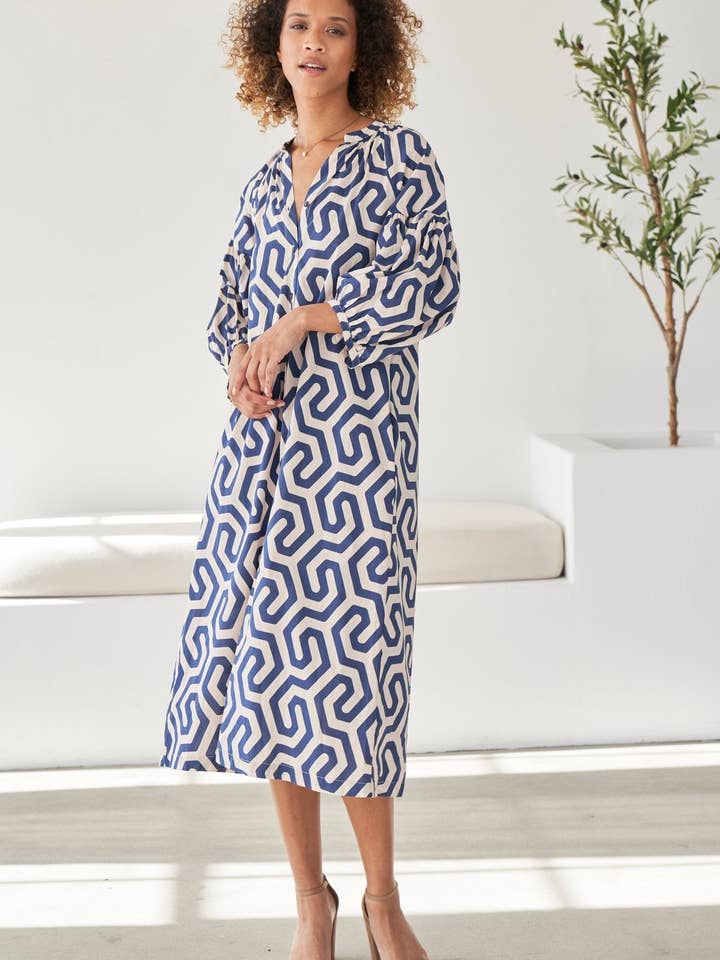ocean+main - Wholesale Dress - Women's - Navy Geometric Cotton Belted Aubrey Peasant Dress with Pockets