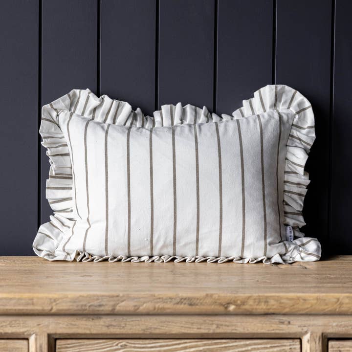 Ruffle Lumbar Pillow Cover White Olive Green Pin Stripes for wholesale by Luxe B Co