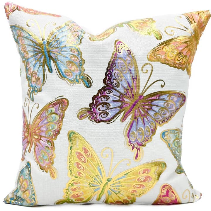 Cuscino con Farfalle Pastello in Lamina Dorata per la vendita all'ingrosso da parte di Rachel Brooks Design, LLC