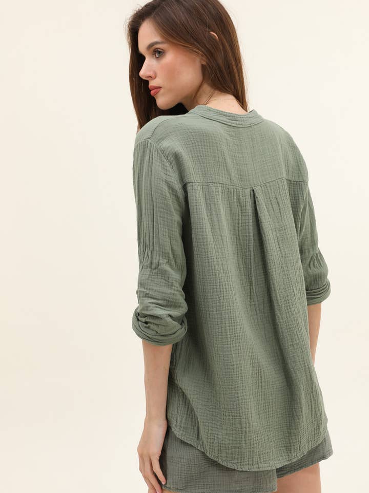 Moonsun - Wholesale Button Down Shirt - Women's - #80641 button down cotton gauze shirt with straight collar22
