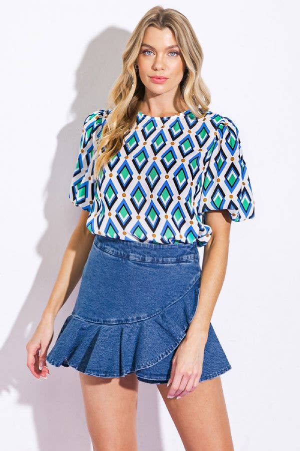 IVORY BLUE A printed woven top - IT13027 for wholesale on Faire