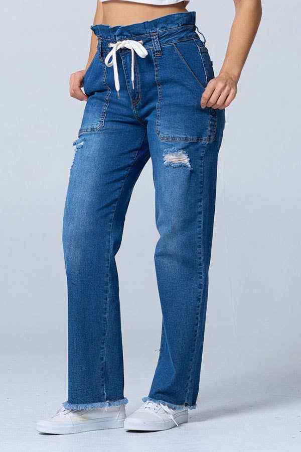 Color 5 - Wholesale Jeans - Women's - Distress fashion boot cut baggy jeans w/draw string raw edge7