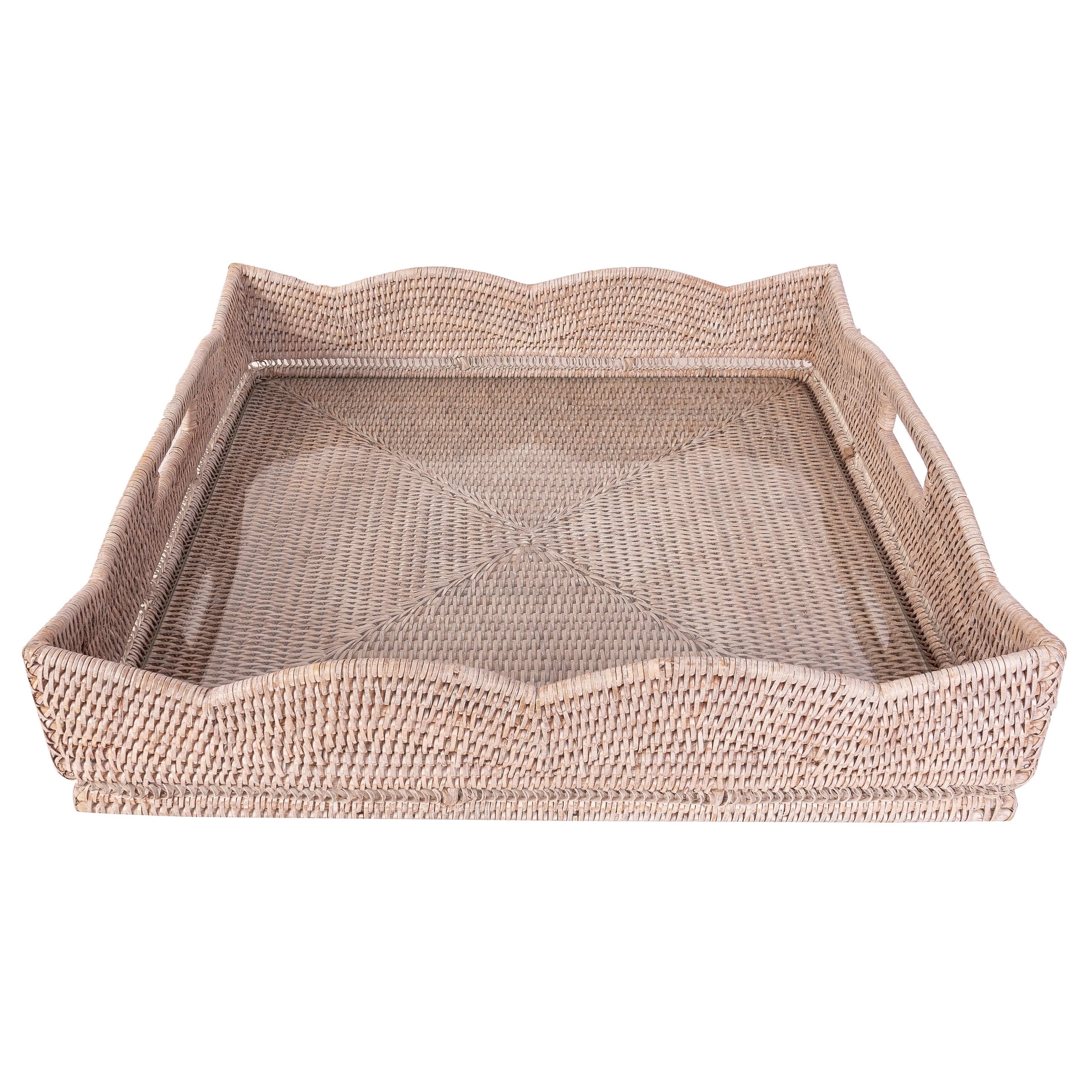Artifacts Trading Company - Wholesale Decorative Tray - Rattan Scallop Square Tray with Glass Insert1