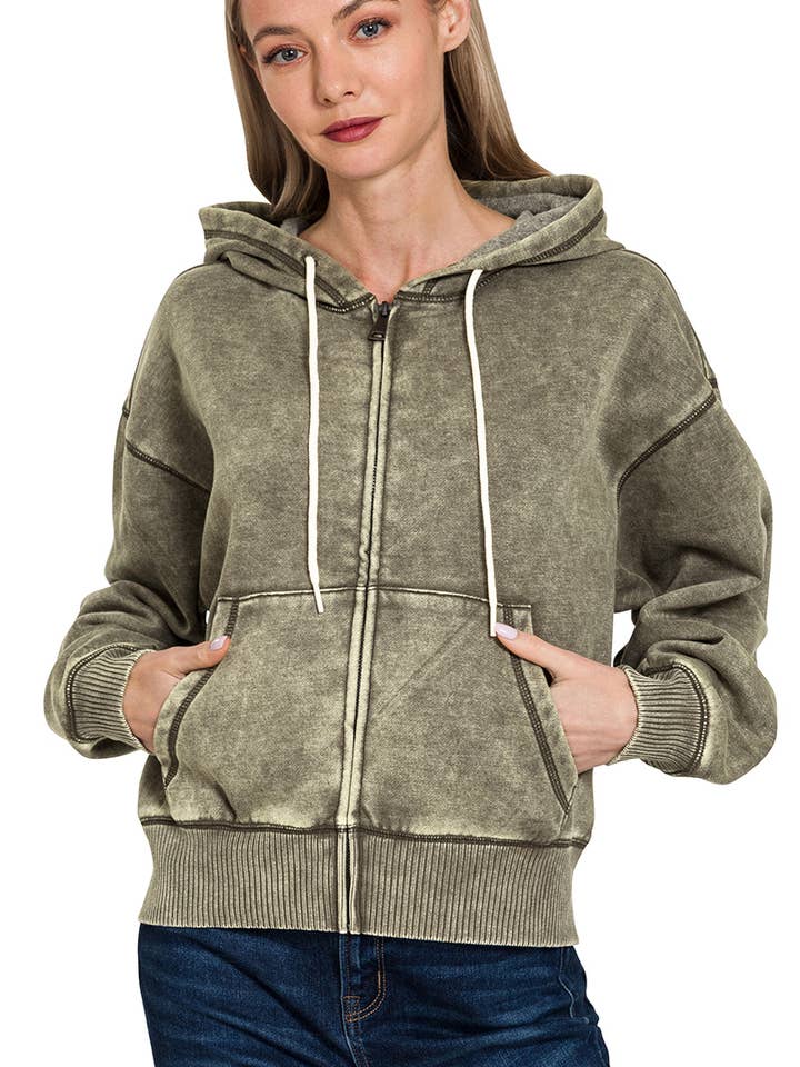 ..SI-25313 Acid Wash Fleece Cropped Zip Up Hoodie for wholesale by 42POPS