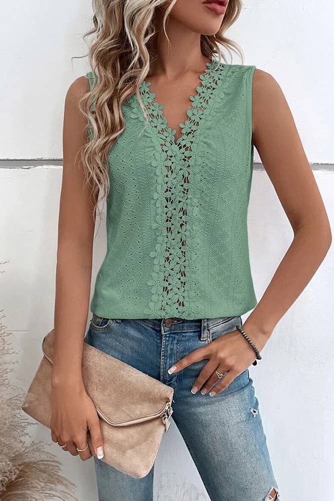UNISHE - Venta al por mayor Blusa - Mujer - Camiseta sin mangas con cuello en V y ojales en jacquard AXR0374