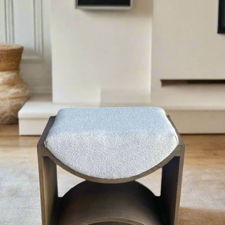 Statements by J - Wholesale Stool - Wave White Boucle Wood Stool in Weathered Oak1