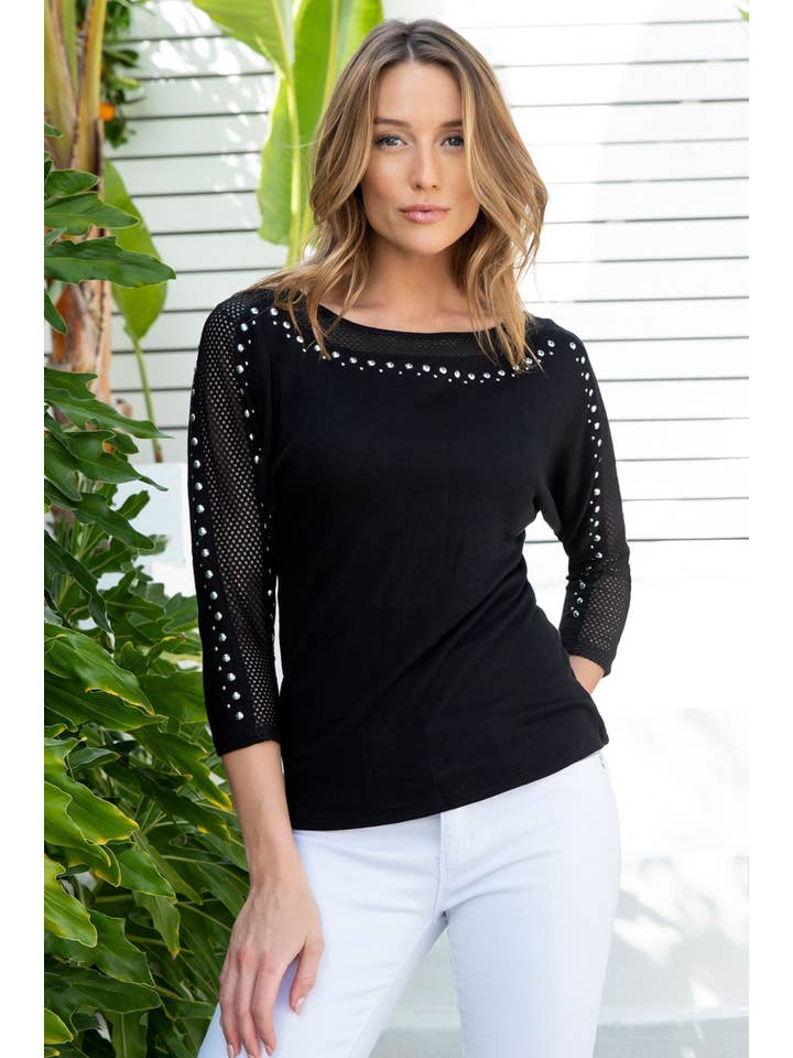 Black Women's Dolman Top with Studs and Mesh for wholesale on Faire5