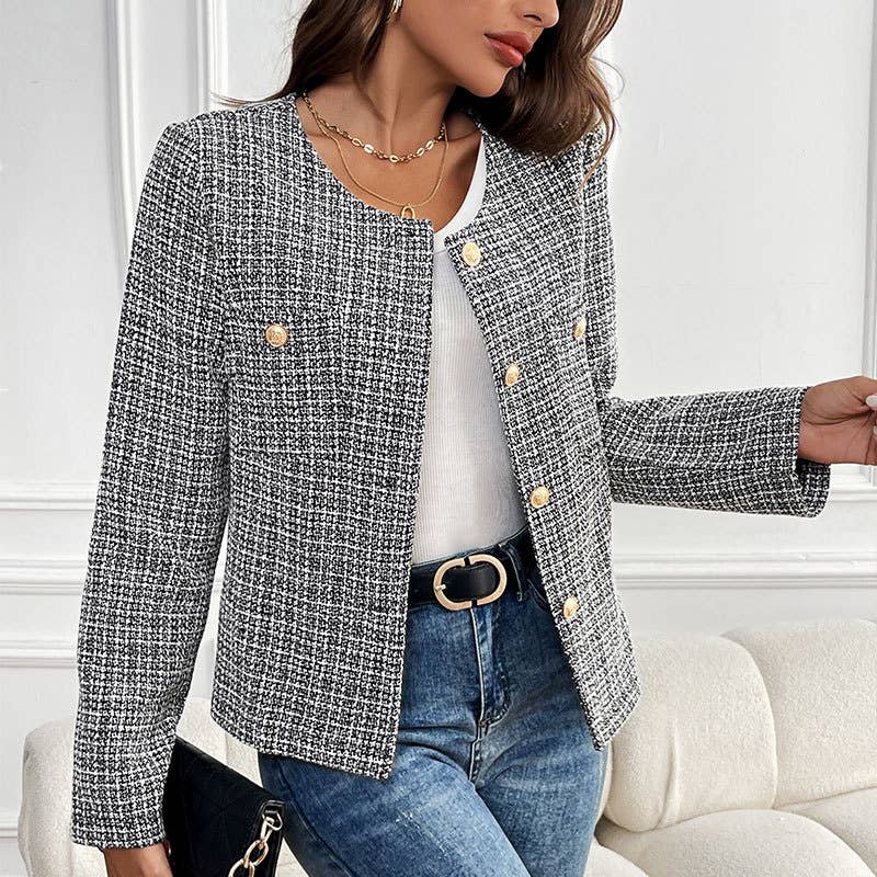 Black Tweed Button Front Blazer Jacket with Round Neckline for wholesale on Faire0