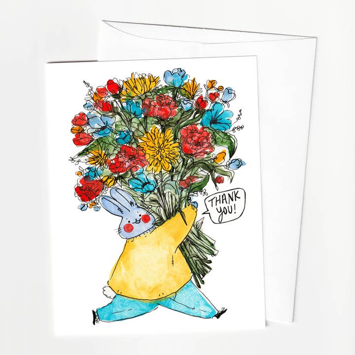 A2 Greeting Card - Thank You Bun with Flowers for wholesale by Rebekah Evans Art