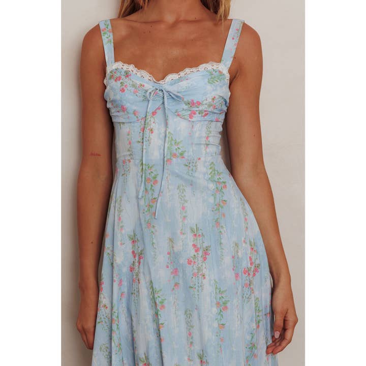 BLUE FLORAL PRINT FLOWY MAXI DRESS for wholesale on Faire
