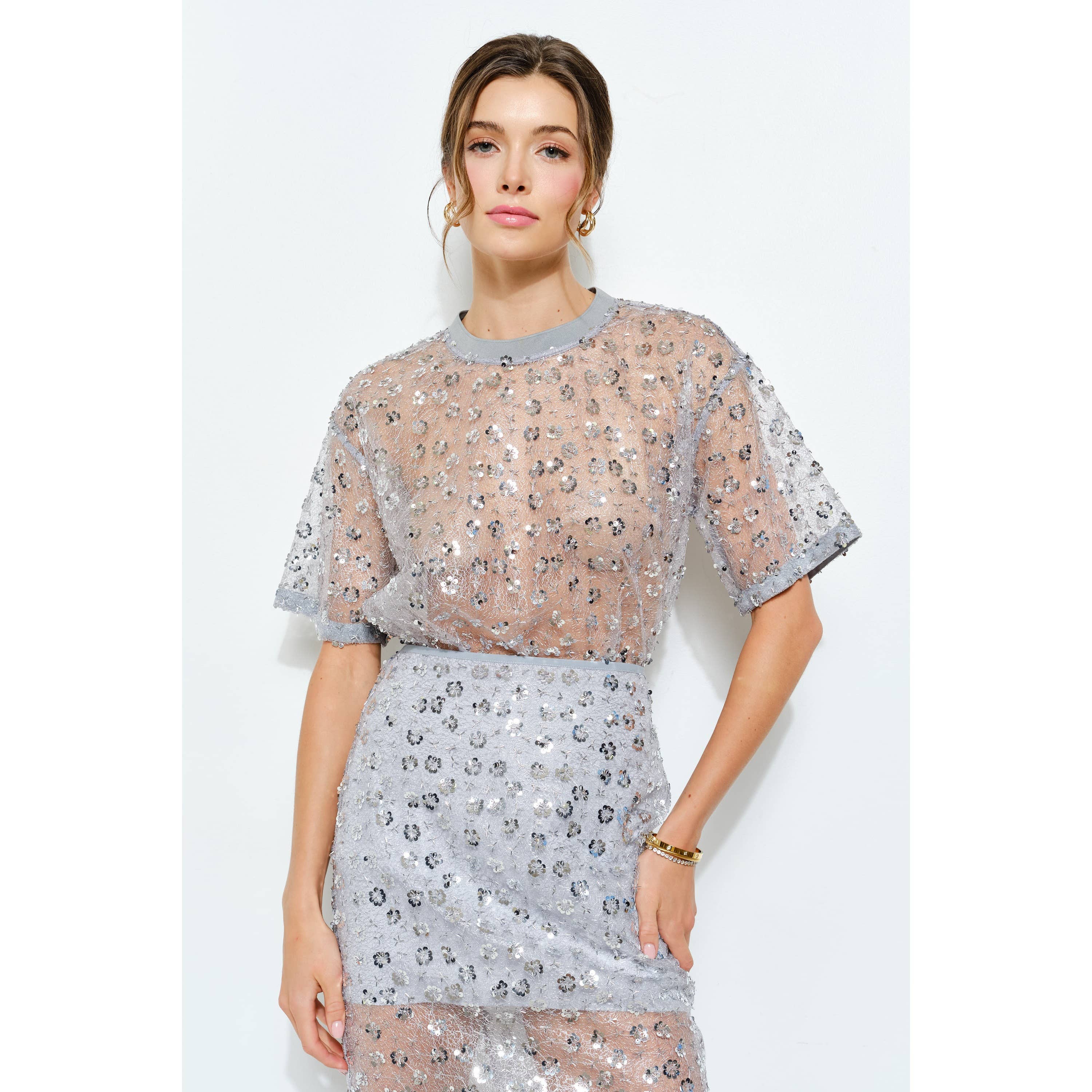 INA - Wholesale Blouse - Women's - Short Sleeve See-through Floral Sequin Top7