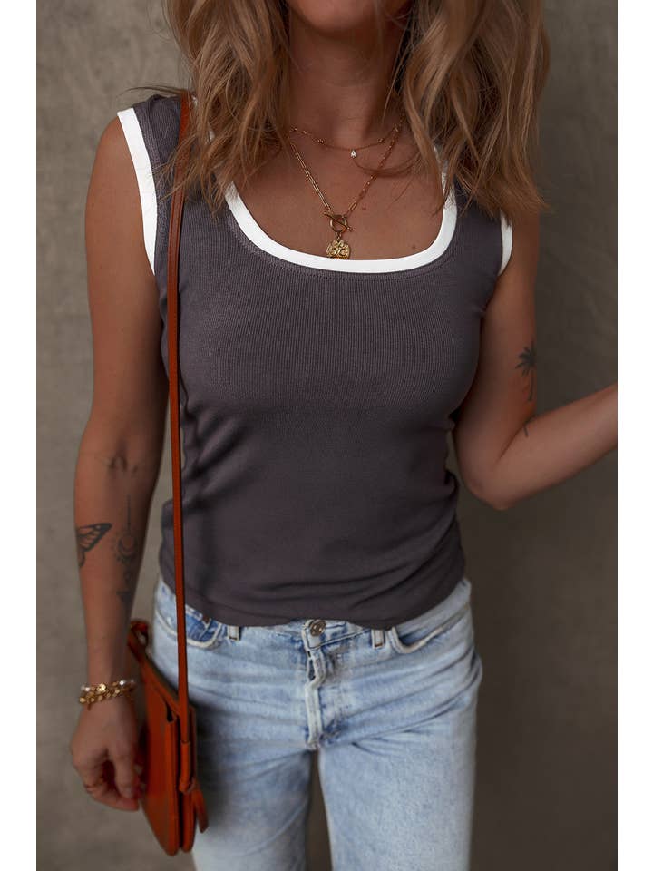 Little Daisy Closet - Wholesale Tank Top - Women's - LDC Ribbed Knit Colorblock Edge U Neck Slim Fit Tank Top