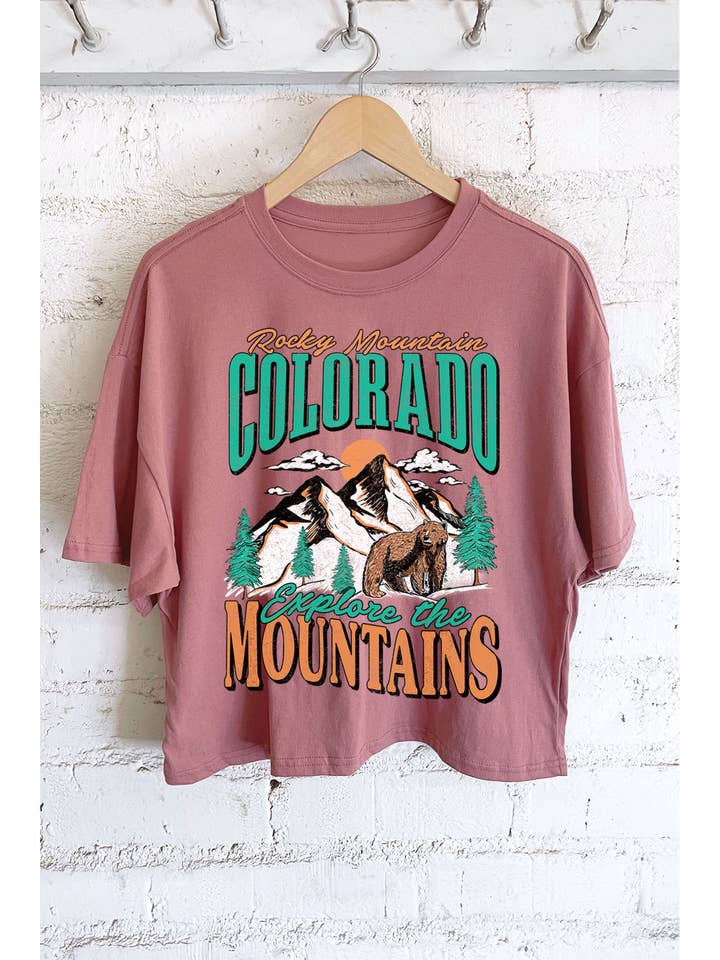 Rustee Clothing - Wholesale Screen Printed T-Shirt - Women's - COLORADO ROCKY MOUNTAIN GRAPHIC LONG CROP TOP