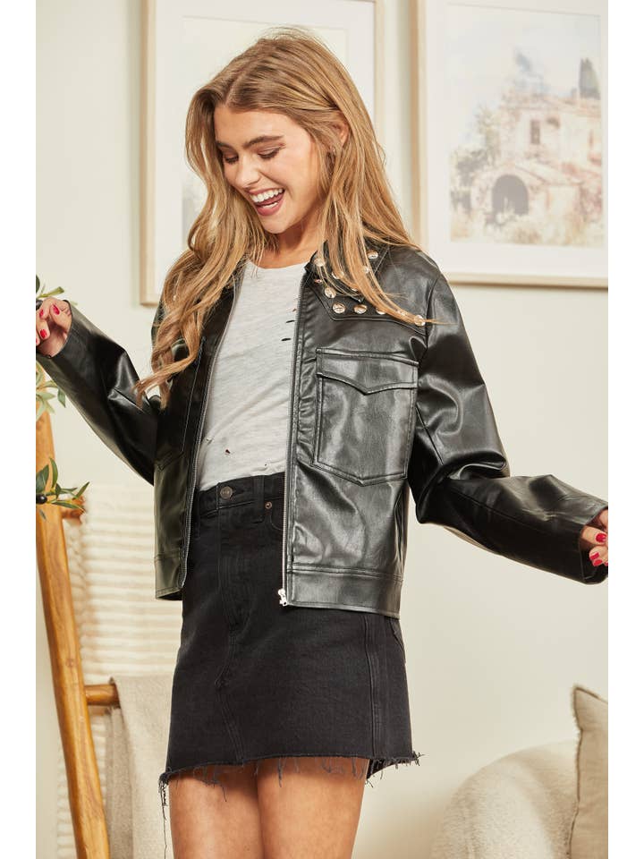 BLACK Faux Leather Studded Jacket J10249-1 for wholesale on Faire