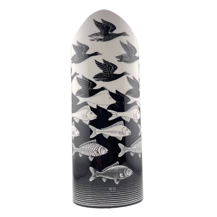 Escher Air Water Birds Fish Tessellations Ceramic Oval Flower Vase for wholesale by Museum Wholesale Inc