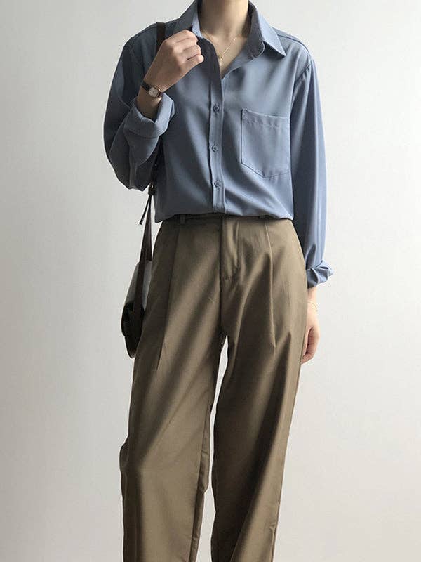 UZ Wholesale Store - Wholesale Button Down Shirt - Women's - Urban Solid Color Lapel Long Sleeves Blouse17