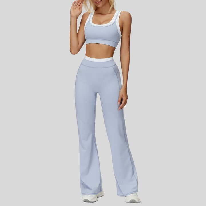 Contrast color sports bra + sport slightly flared pants 2-piece set for wholesale by WONDERXFANS