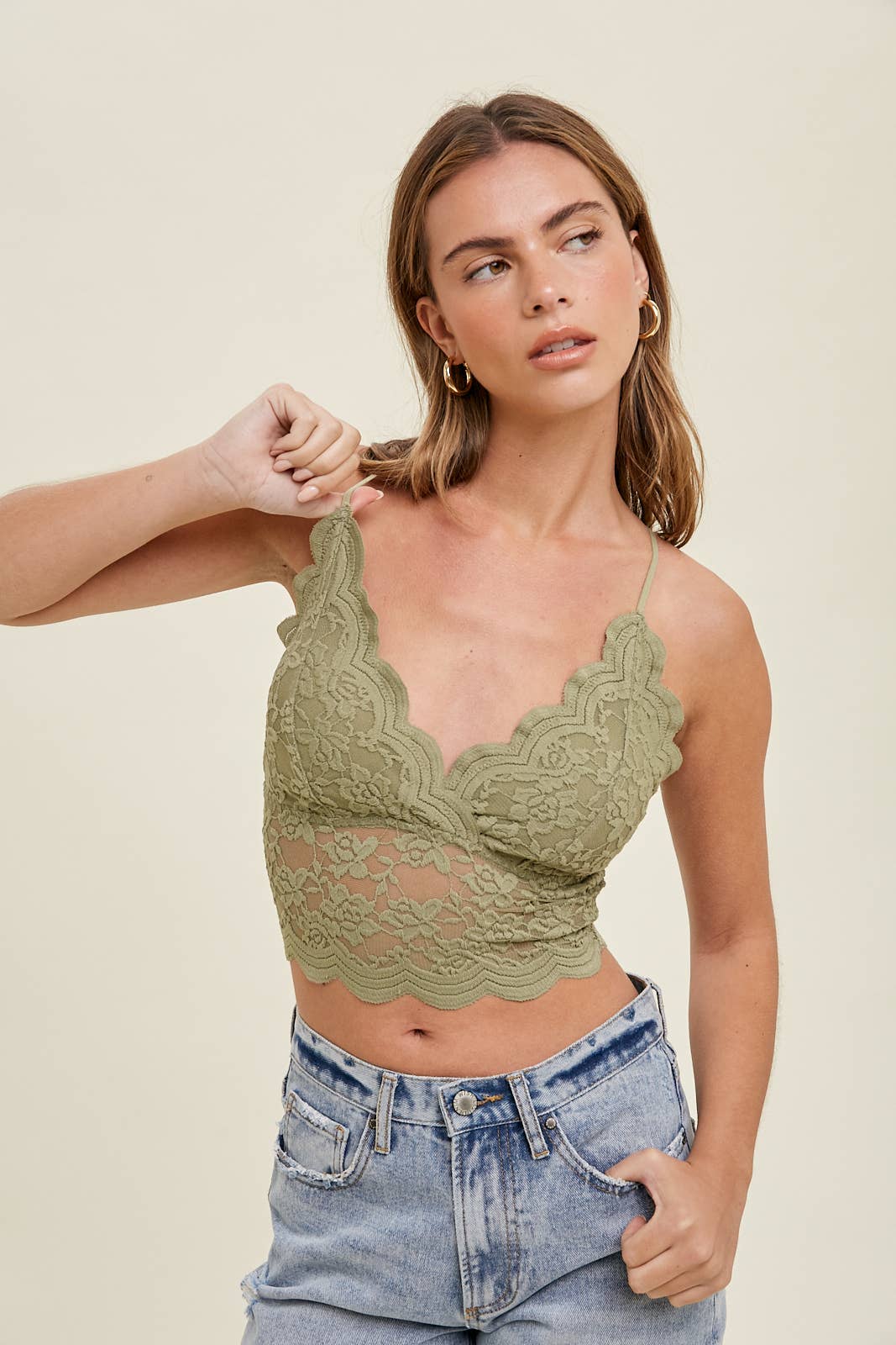 S OLIVE LACE LONGLINE BRAMI WITH ADJUSTABLE STRAPS / WL21-6055 for wholesale on Faire