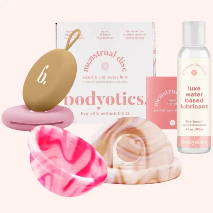 Water-Based Lube + Beige Reusable Menstrual Disc Set for wholesale by Bodyotics