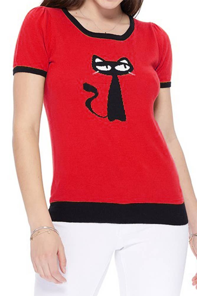 Mak - Wholesale Knit Sweater - Women's - Short Sleeve Crewneck Cat Print Casual T-Shirt Sweater14