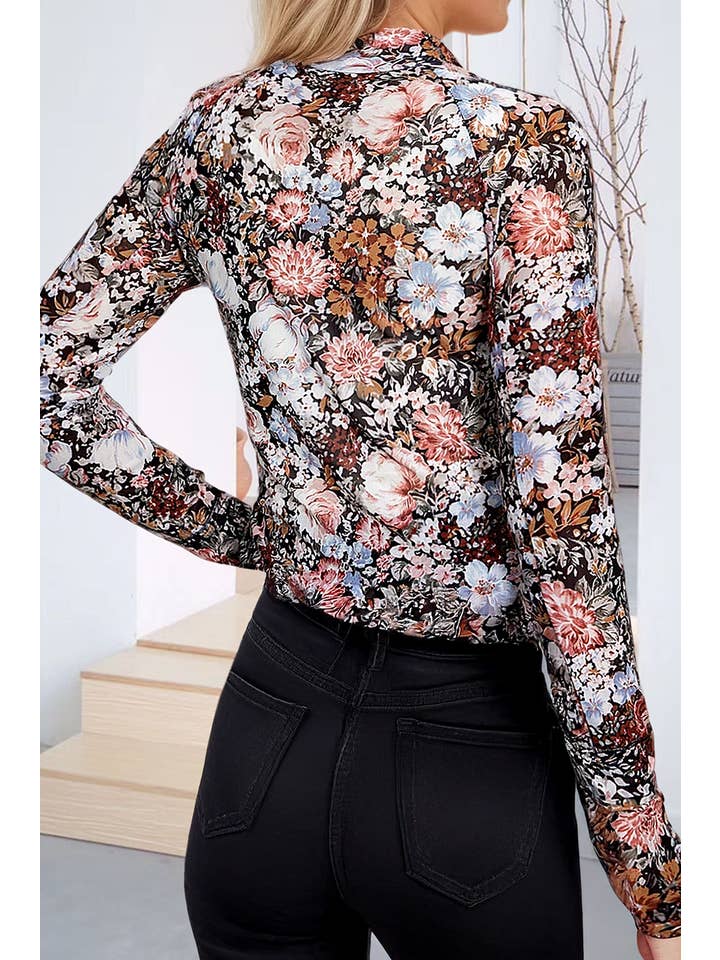 66DISCO - Wholesale Shirt - Women's - Floral Long Sleeve High Mock Neck Sheath Mesh Blouse (S-XL)1