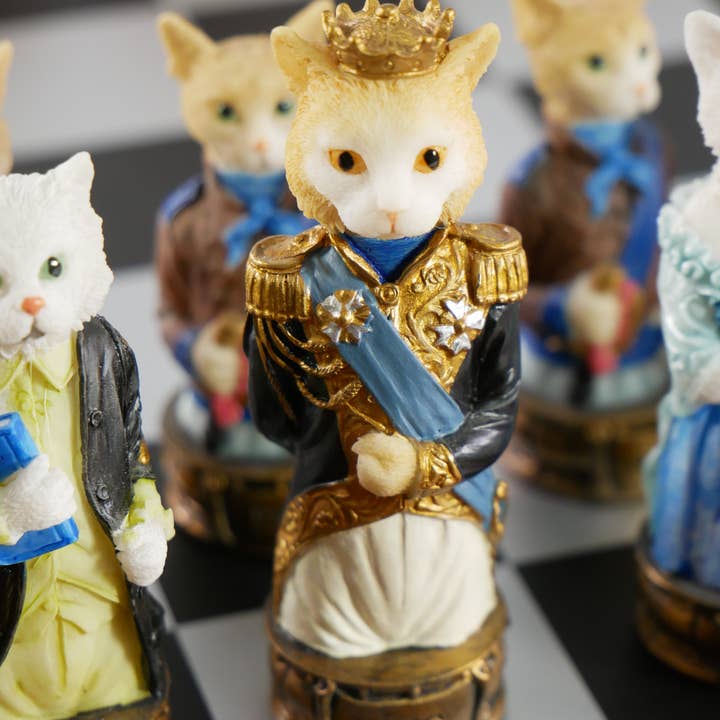 WorldWise Imports - Wholesale Board Game - Chess Set - Cats & Dogs Resin Men on Cherry Stained Chest