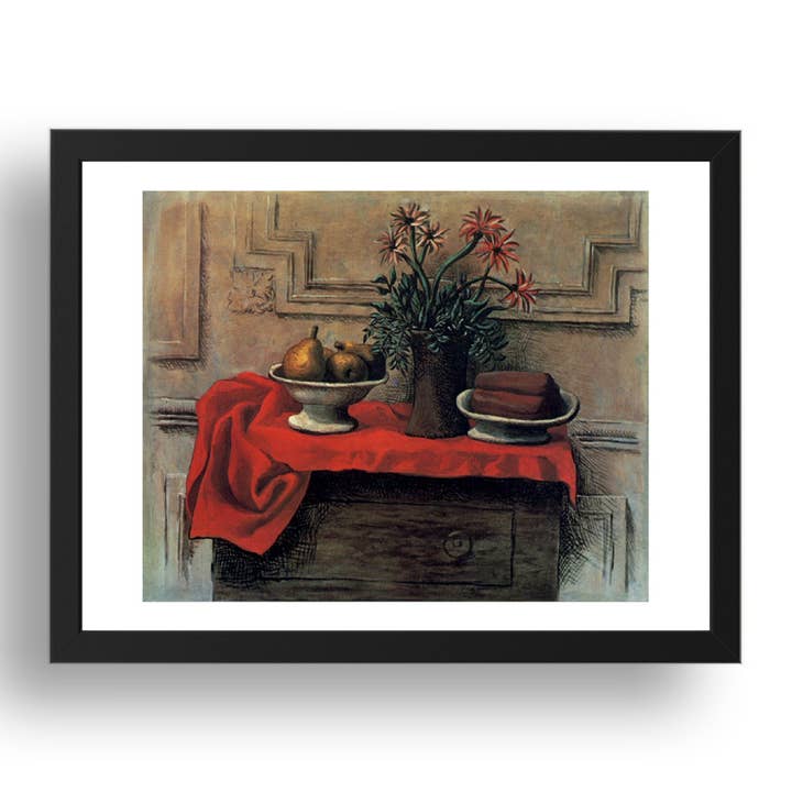 1919 Nature morte sur la commode (1919 Stilleben på byrån), vintagekonstverk av Pablo Picasso, A3-storlek reproduktionsaffisch i 17x13" svart ram för wholesale av PERIOD PRINTS