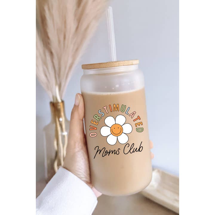 Boho + Babe - Wholesale Drinking Glass/Cup - Overstimulated Moms Club 16 oz Glass Cup with Bamboo Lid1