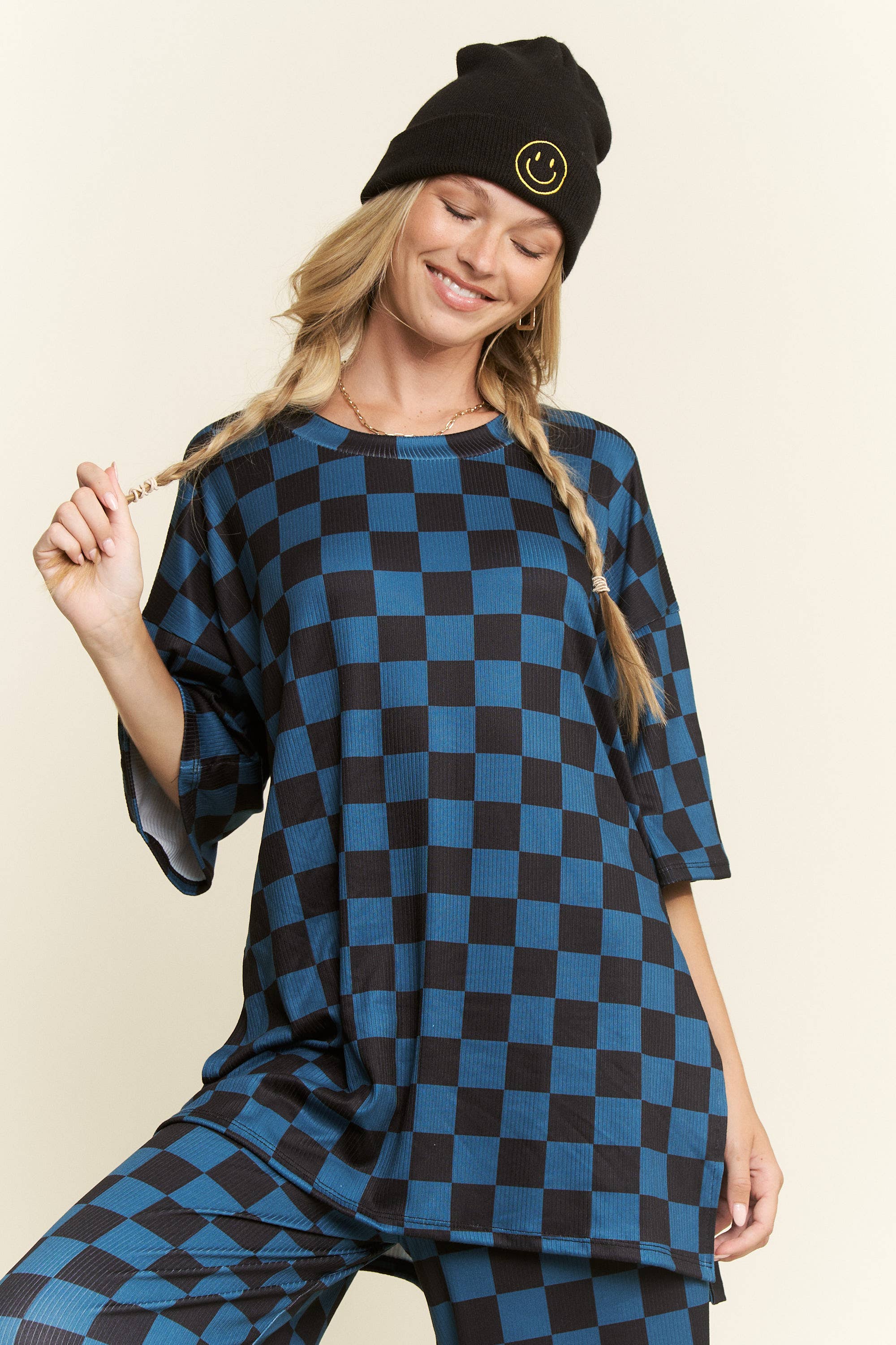 JADE BY JANE - Wholesale Lounge Set - Women's - RIBBED CHECKERED PRINT TOP/STRAIGHT LEG PANTS SET29