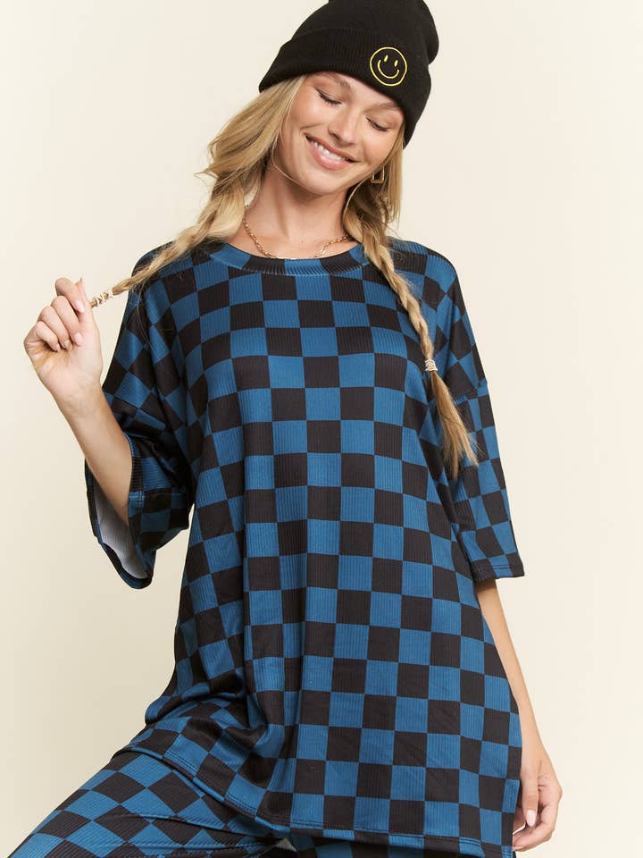 JADE BY JANE - Wholesale Lounge Set - Women's - RIBBED CHECKERED PRINT TOP/STRAIGHT LEG PANTS SET29