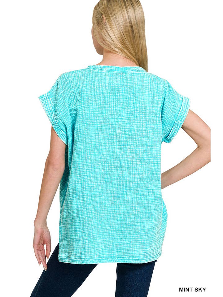 Vanilla Monkey - Wholesale Knit Top - Women's - Woven Double Gauze Acid Washed Short Sleeve Top