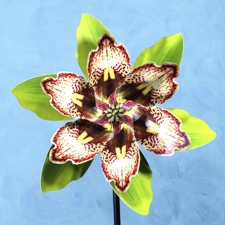 Green Cymbidium Double Spin Pinwheel Wind Spinner for wholesale by Paper Arboretum