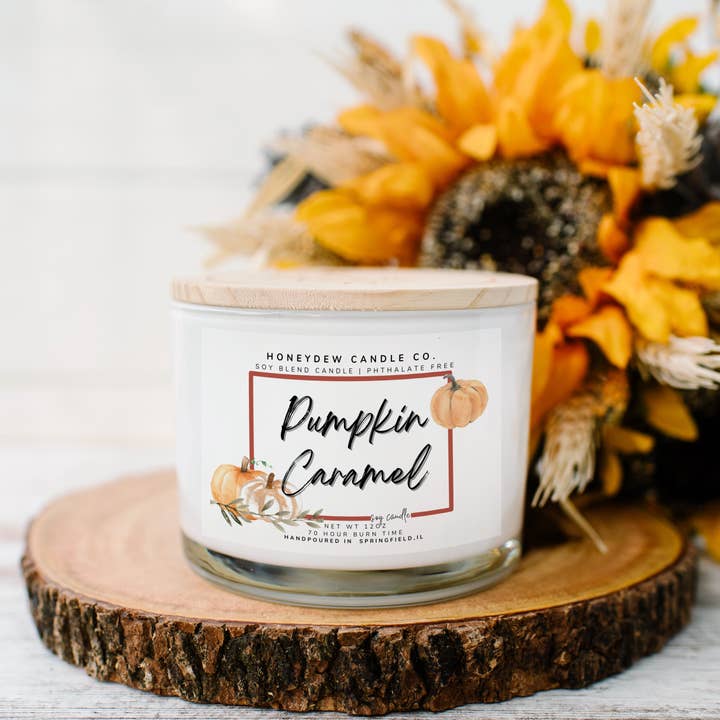 Pumpkin Caramel 3 Wick Candle 12oz for wholesale by Honeydew Candle Co.
