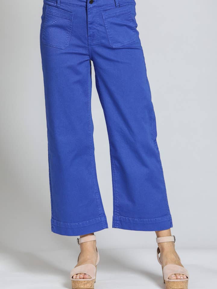 Cropped Wide Leg Pant With Patch Pockets - Dazzling Blue for wholesale by APNY