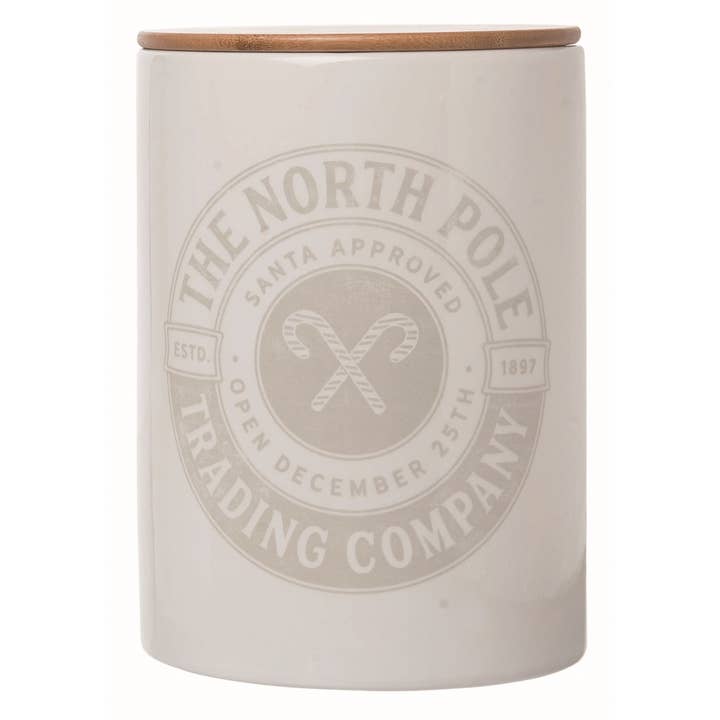 CLOSEOUT Ceramic White Holiday Canister with Bamboo Top for wholesale by Transpac