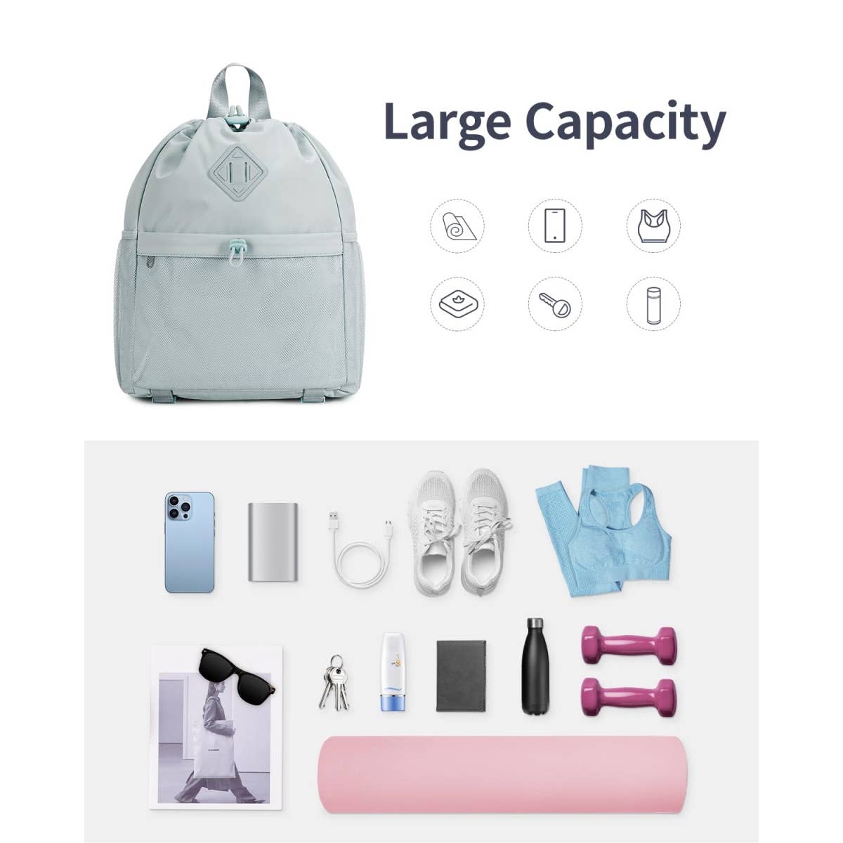 wandf - Vente Sac à cordon de serrage – unisexe - Sac à dos de sport avec cordon de serrage et sangle pour tapis de yoga58