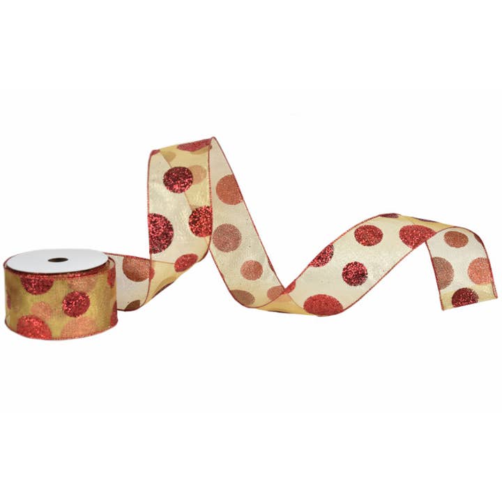 Metallic Gold w/ Red Seq. Dot 2.5" x 10yd for wholesale by David Christopher's Collection