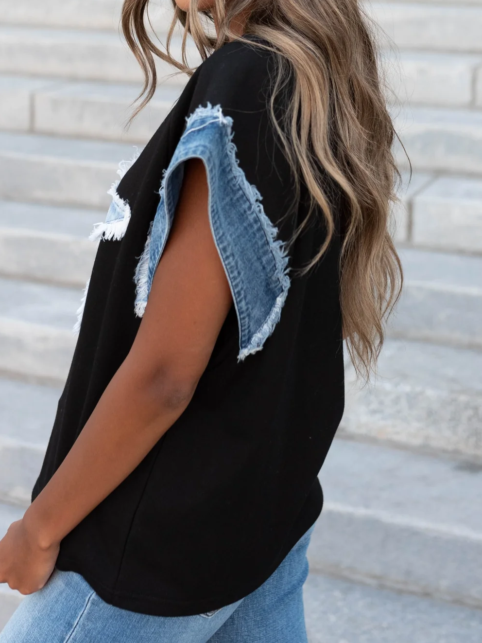 Rosa Clothing - Wholesale T-Shirt - Women's - Edgy Denim Star Patch Trim Sleeve Short-Sleeve Top1