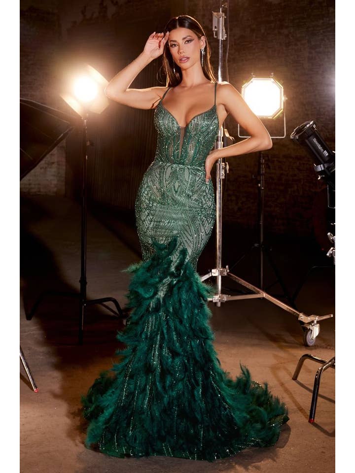 Tux-USA® - Wholesale Gown - Women's - Fully Embellished & Feathered Mermaid Gown