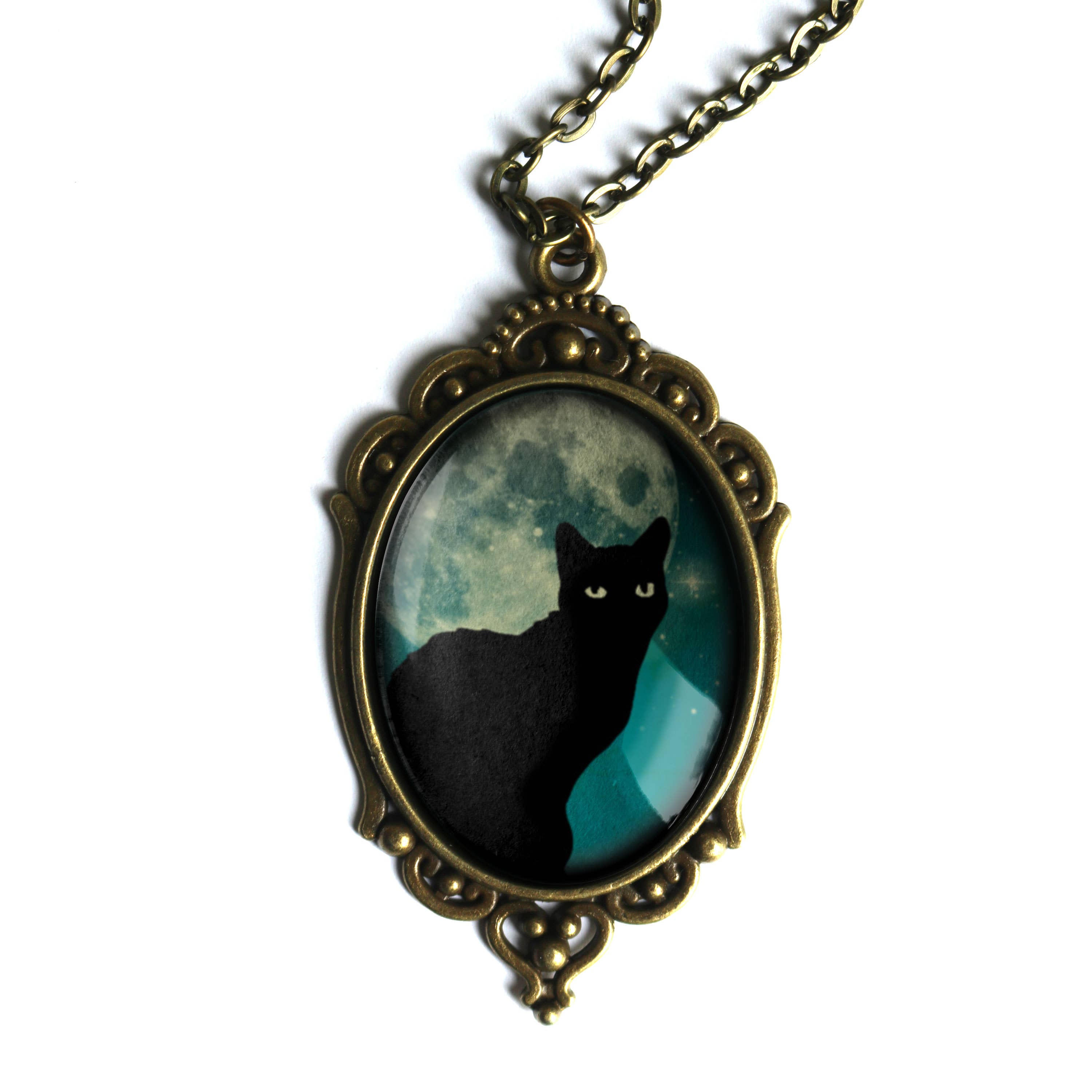 The Divine Iguana - Wholesale Pendant/charm necklace - Teal Cat on Full Moon Ornate Oval Halloween Pendant Necklace2