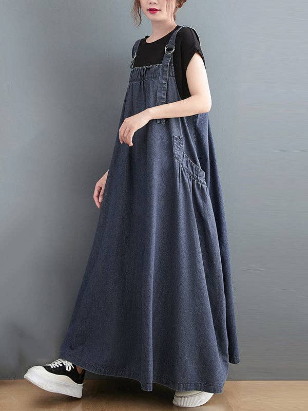 BLUE Vintage Loose Artistic Retro Solid Color Strap Denim Midi Dress for wholesale on Faire