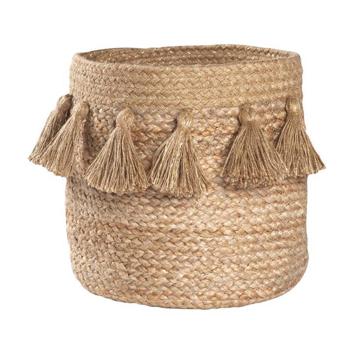 Panier de rangement jute avec pompons IDRIS pour la vente par NATTIOT