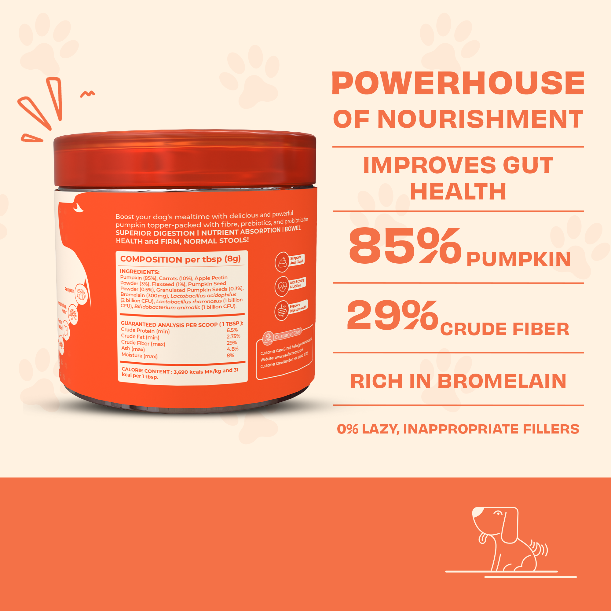 Pawfect Foods – wholesale Kosttillskott för husdjur - Hund – Pawfect Pumpkin Purge dagligt tillskott för hundar | 100 % naturligt | Berikat med äppelpektinpulver, linfrön, pre- och probiotika | Främjar matsmältning och fast avföring | Stöder analgrendränering (250 g)1