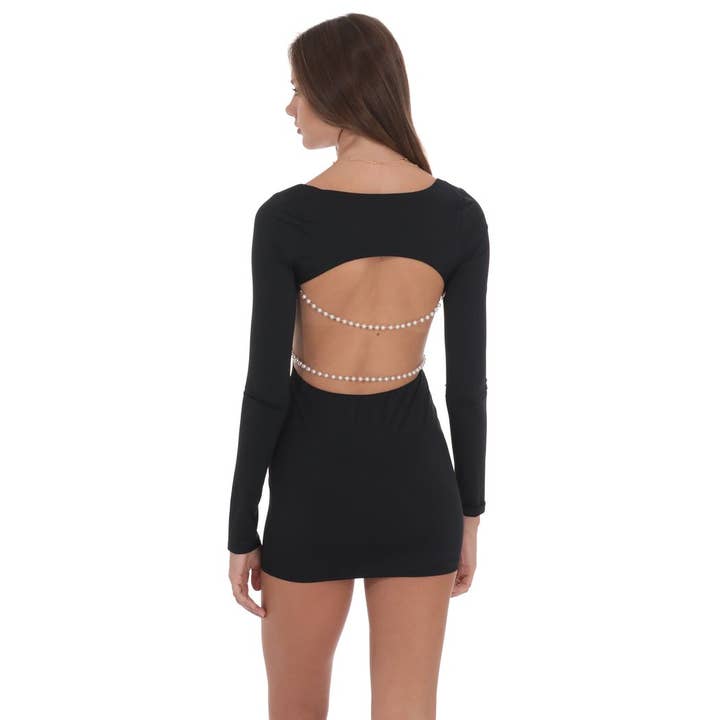 Pearl Open Back Bodycon Dress in Black for wholesale by Lucy In The Sky