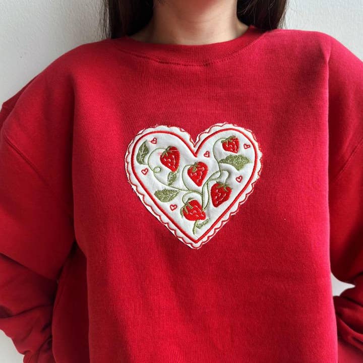 Embroidered Strawberry Scallop Heart Shirt,Valentine Sweater for wholesale by ClevorFit
