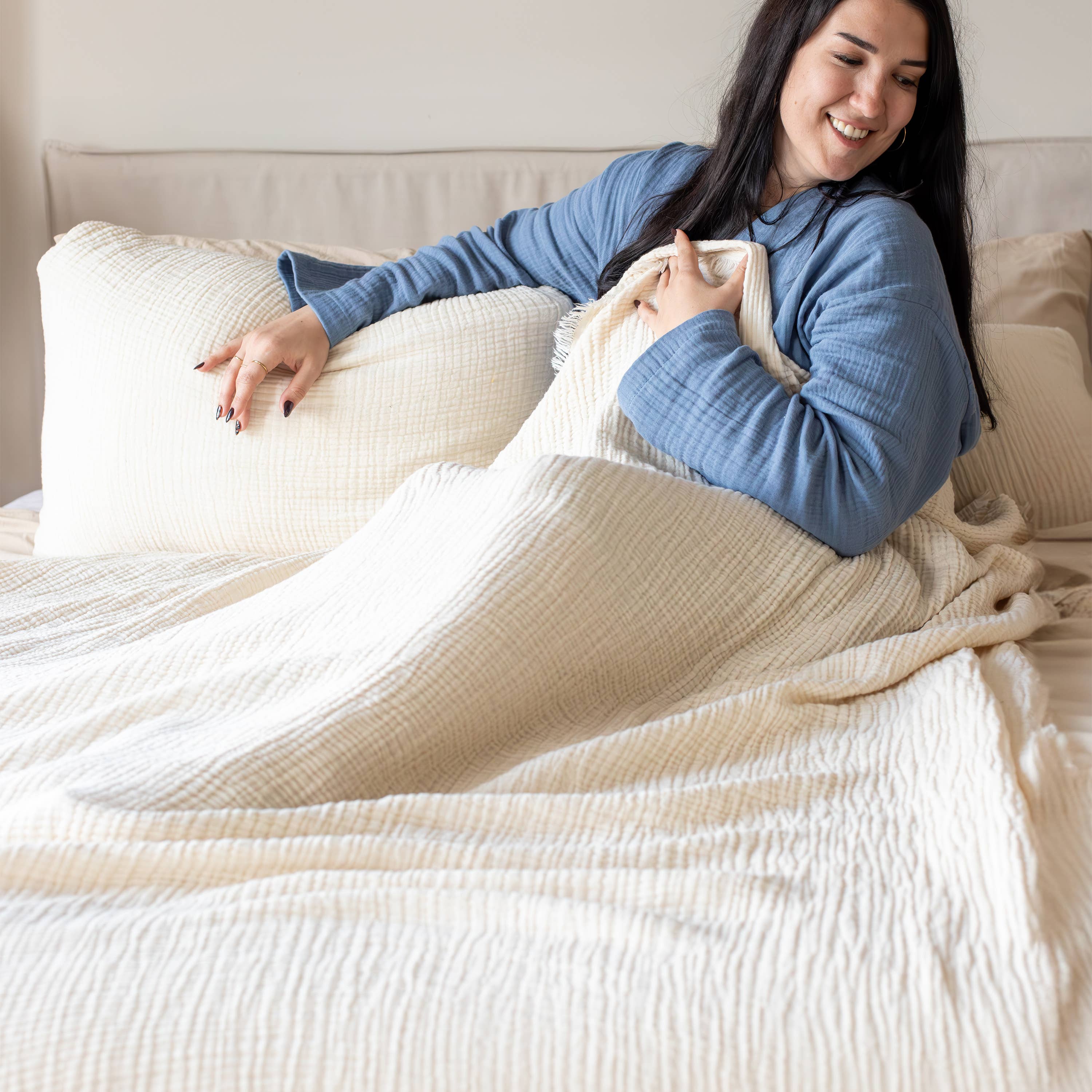 Vivamaison - Vente Plaids - Couvre-lit en mousseline frangé 100 % coton doux, 4 couches premium91