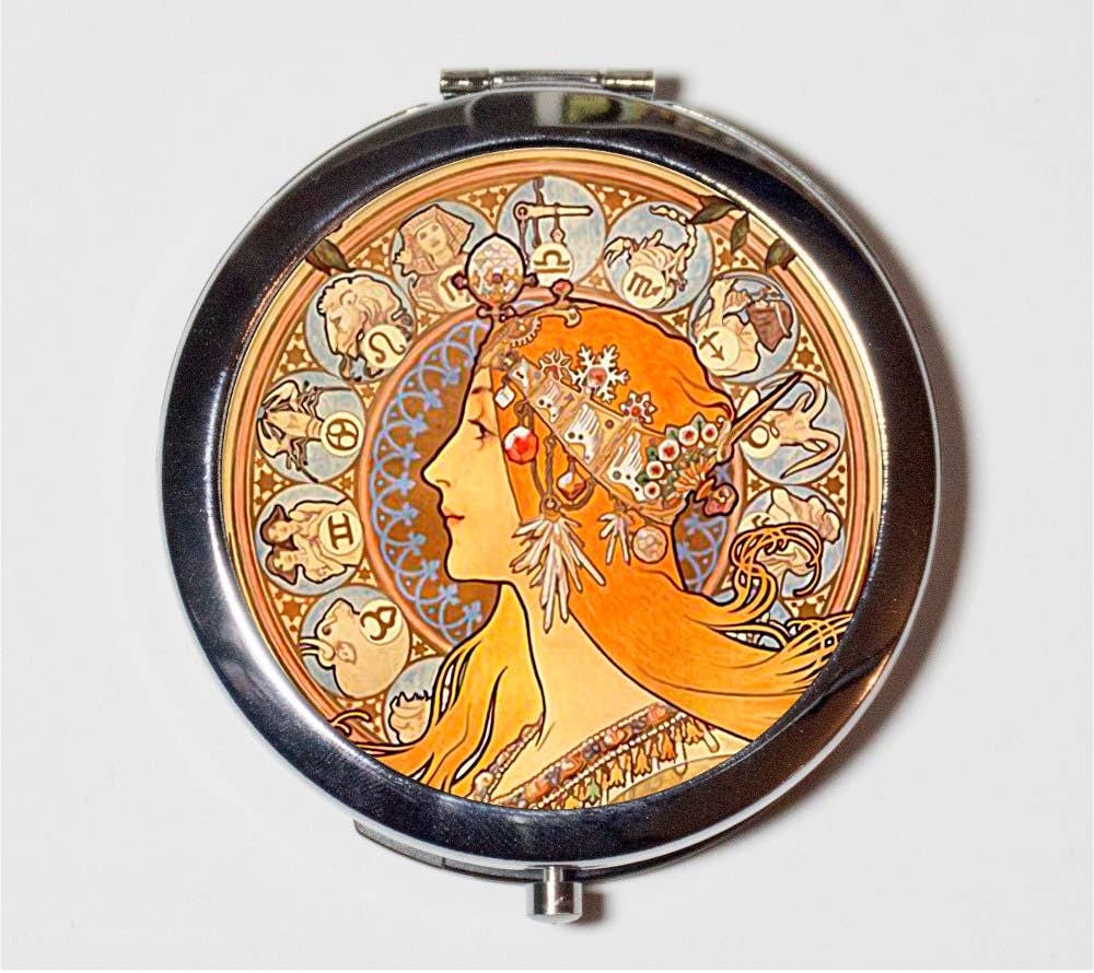FringePop - Wholesale Compact Mirror - Alphonse Mucha Compact Mirror - Zodiac Art Nouveau Boho Bohemian Gypsy  - Make Up Pocket Mirror for Cosmetics0