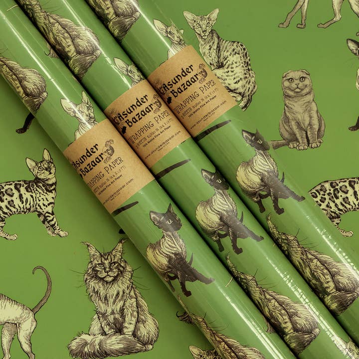 Illustrated Cat Breeds Wrapping Paper Set 3 Sheet Roll for wholesale by Asunder Bazaar