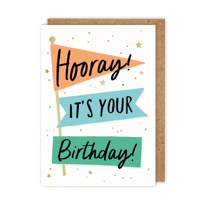 Hourra, c'est ton anniversaire ! - Carte d'anniversaire avec fanions dorés pour la vente par Zoe Spry